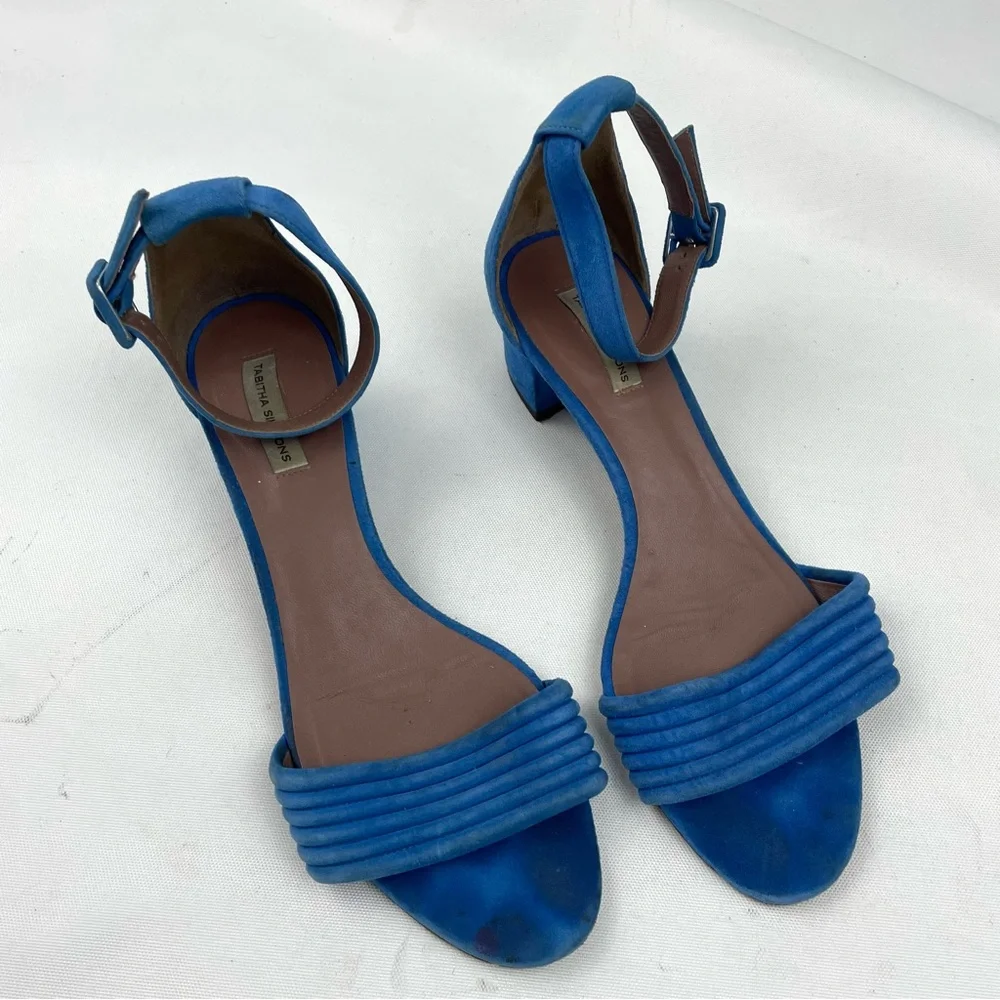 Tabitha Simmons Blue Suede Block Kitten Heel Sandals EU 38.5